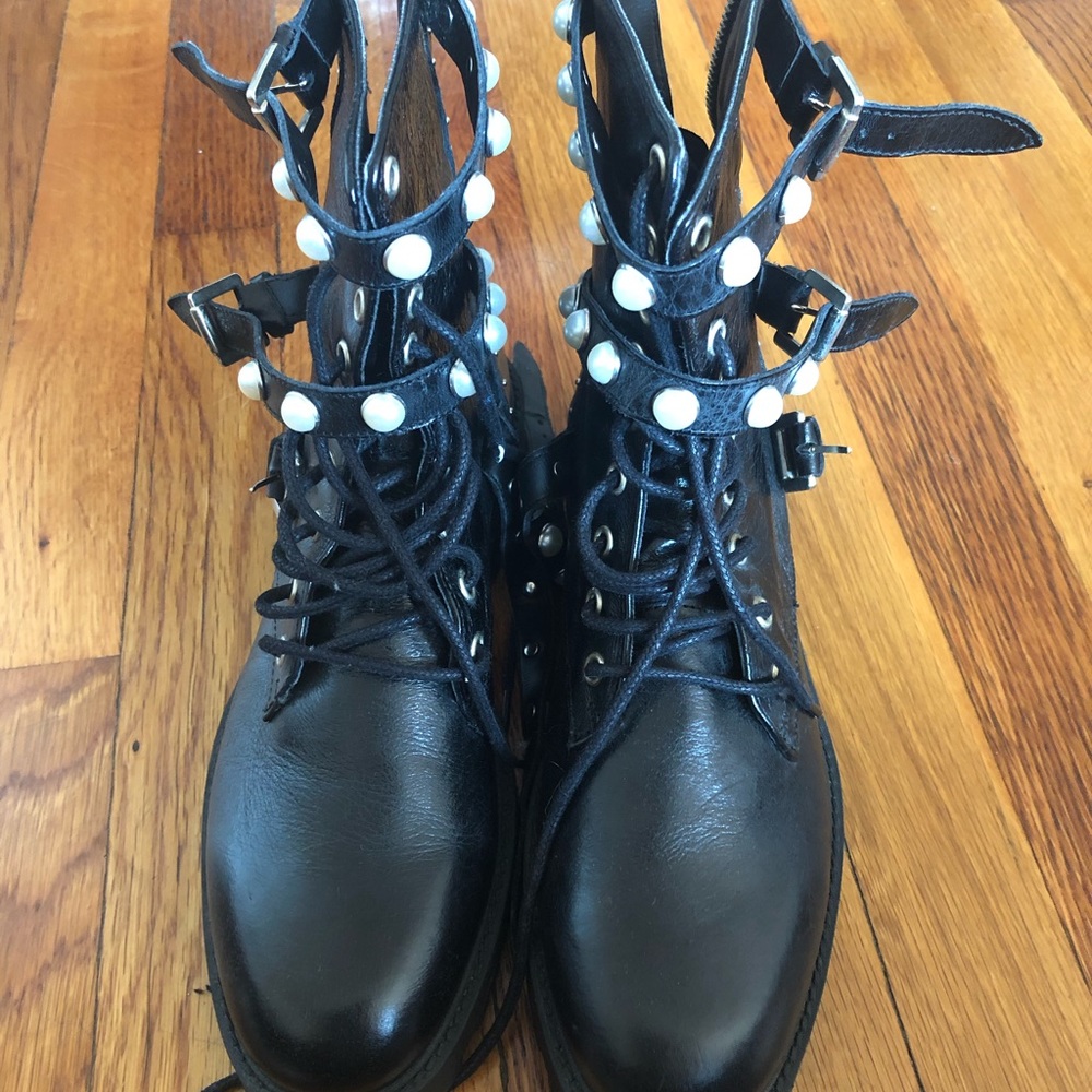 Zara Black Combat Boots with White Accents